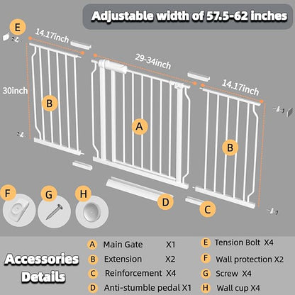 57.5"-62" Extra Wide Auto Closing Baby Safety Gate for Stairs &amp; Doorways, Pressure Mounted No Drill Pet Gate with Walk-Through Door - Heavy Duty Childproof Gate for Toddlers, Kids, Dogs (White)