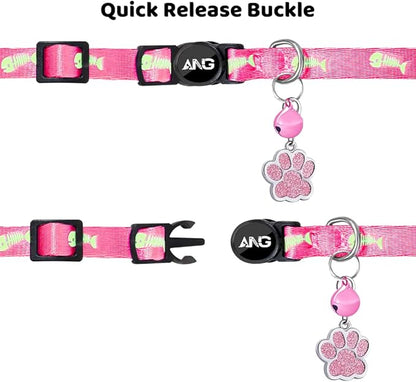 Personalized Breakaway Cat Collars Glow-in-The-Dark with ID Tag, Bell - Safety Quick - Release, Customizable for Female Male Kittens &amp; Cats (Pink)