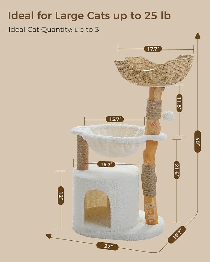 Modern Cat Tree for Large Cats, Wood Cat Tower for Indoor Cats, Real Branch Luxury Cat Furniture with Super Large Cozy Condo and Hammock &amp; Scratching Post, Top Basket, White