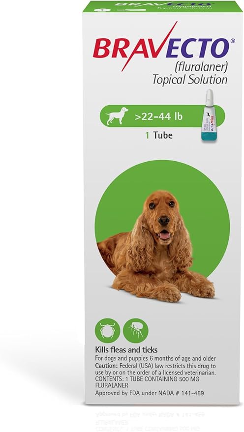 BRAVECTO Topical Solution for Dogs, Flea &amp; Tick, 12 Week Supply, >22-44 lbs., Green Box
