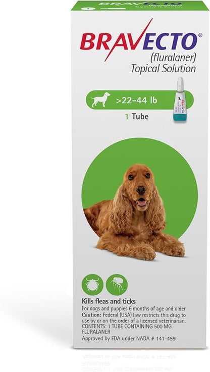 BRAVECTO Topical Solution for Dogs, Flea &amp; Tick, 12 Week Supply, >22-44 lbs., Green Box