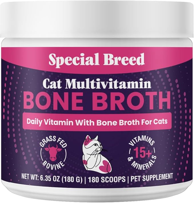 Cat Multivitamin with Grass-Fed Beef Bone Broth – Daily Supplement for Immune, Joint, Skin, Coat &amp; Gut Health – Omega 3s, Lysine, Beta Glucan, Vitamins A-E, C, D – 180 Day Supply – No Fillers