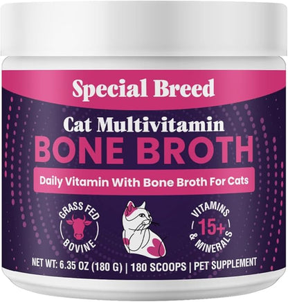 Cat Multivitamin with Grass-Fed Beef Bone Broth – Daily Supplement for Immune, Joint, Skin, Coat &amp; Gut Health – Omega 3s, Lysine, Beta Glucan, Vitamins A-E, C, D – 180 Day Supply – No Fillers