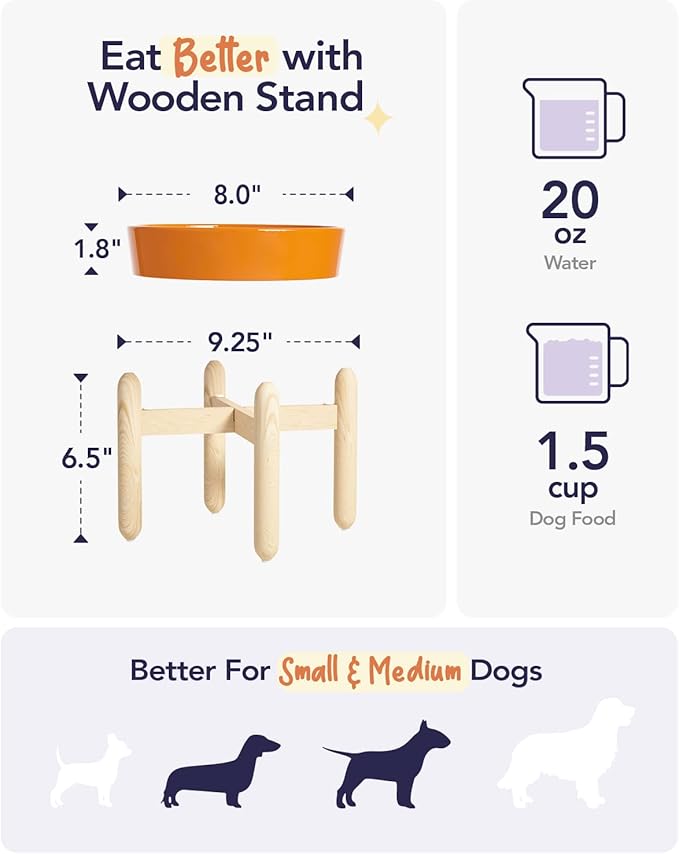 LE TAUCI Ceramic Slow Feeder Puzzle Bowl Elevated 1.5 Cup with Wooden Stand for Small &amp; Medium Dog, Fast Eater Food Bowl Sun Orange