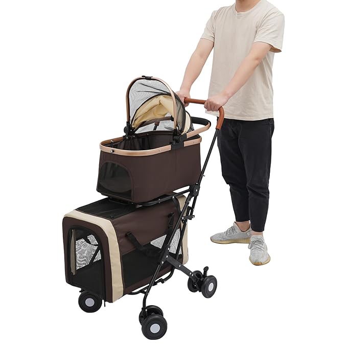 Foldable Pet Stroller for Small &amp; Medium Dogs, Double Dog &amp; Cat Stroller with 3-in-1 Travel System, Detachable Pet Carrier with Wheels for Cats and Dogs up to 77 lbs, Coffee Color