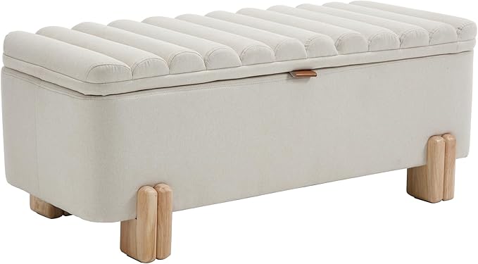 Kmax 45" Storage Bench Linen Entryway Bench Upholstered Ottoman Bench with Wavy Top &amp; Safty Hinge for Bedroom Living Room Hallway, Beige