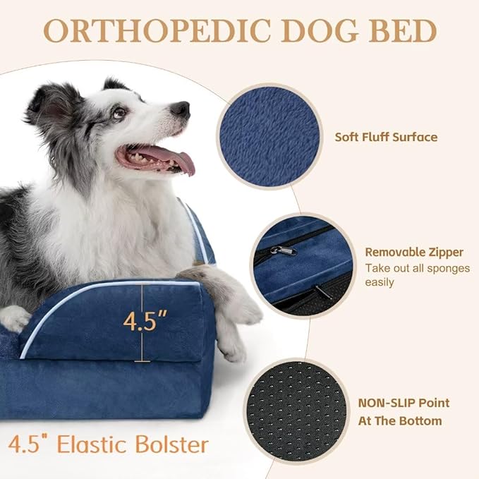 Comfort Expression Large Dog Beds, Waterproof Dog Beds Orthopedic Foam, Dogs Sofa Comfy Pet Beds with Washable Removable Cover &amp; Non-Slip Bottom(Large,Navy Blue)