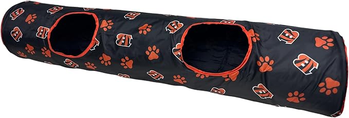NFL Cincinnati Bengals Cat Tunnel Tube Toy with Plush Football Catnip and Feathers Collapsible Tunnel for Cats to Play, Peek and Hide, Sporty &amp; Fun Cat Tunnel Toy with Team Logo All-Over Design!