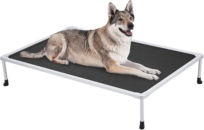 Veehoo Chewproof Elevated Dog Bed - Cooling Raised Pet Cot, Breathable Mesh, Washable &amp; Non-Slip for Large Dogs, Indoor/Outdoor, Black Mat and Silver Metal Frame, 49x33inches (Model CWC2203B03)