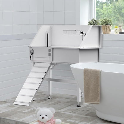 Dog Washing Station for Home, 38" White Professional Stainless Steel Dog Grooming Tub, Height Adjustable Dog Bathing Station, Upgrade Parts, Dog Bath Tubs for Small &amp; Medium Dogs(Left Ramp)