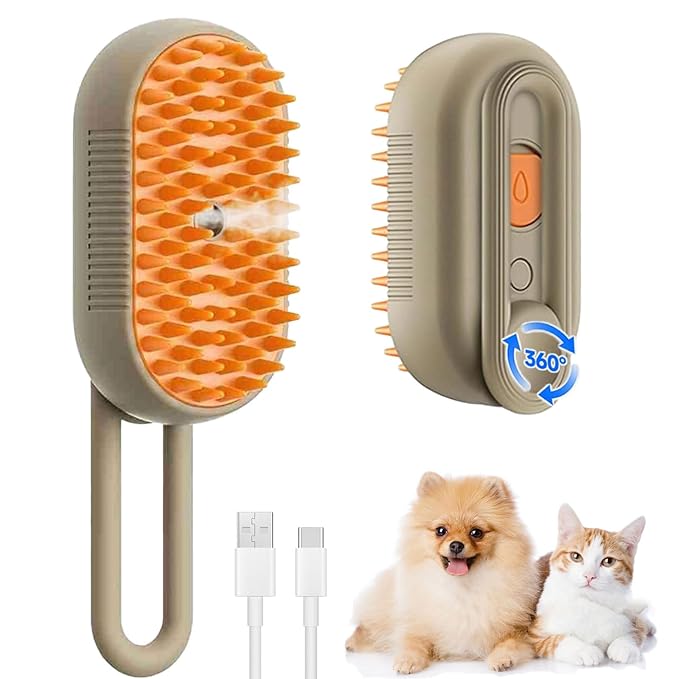 cat steam brush for shedding -4 in 1 Rechargeable Steam Brush for Cats and Dogs, Anti-static, Massage, Cleaning, Shedding &amp; Combing All In One! grooming tool for cats and dogs（Brown）