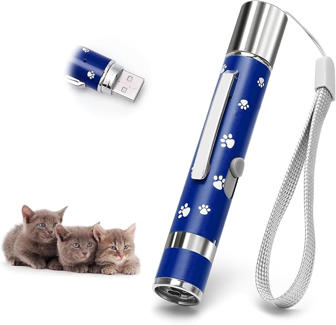 EAWONGEE Rechargeable Cat Toys - Indoor/Outdoor Cats Chase Light Toy for Kitty &amp; Dog with 3 Light Modes, 5 Patterns, Blue
