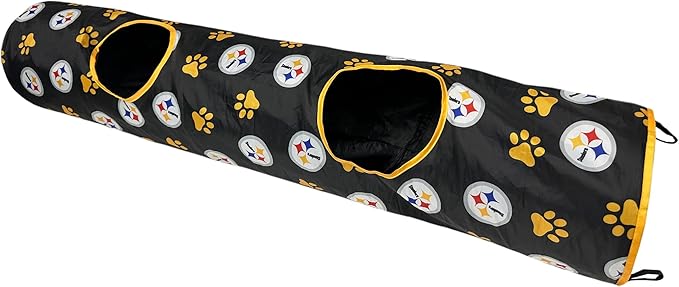 NFL Pittsburgh Steelers Cat Tunnel Tube Toy with Plush Football Catnip and Feathers Collapsible Tunnel for Cats to Play, Peek and Hide, Sporty &amp; Fun Cat Tunnel Toy with Team Logo All-Over Design!