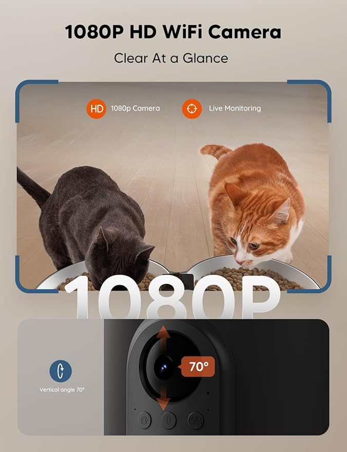WOPET Automatic Cat Feeder with Camera for Two Cats, 6L Automatic Dog Feeder with HD Video and Night Vision, 5G/2.4G WiFi Pet Feeder for Cats &amp; Dogs, SD Card Storage &amp; 2-Way Audio