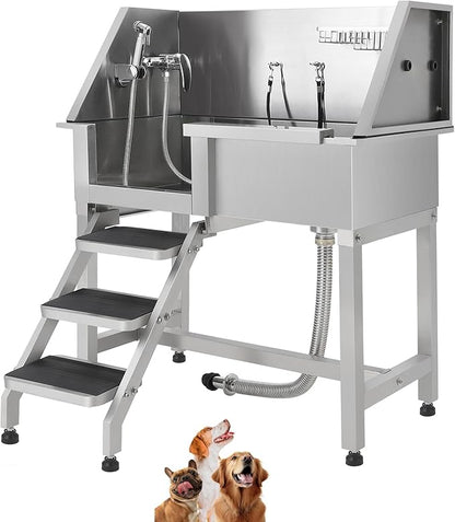 Stainless Steel Dog Washing Station - Dog Bath Tub for Large, Medium, Small Dogs, Pet Grooming Tub with Ramp, Non-Slip Grate, Shower, Soap Box, Faucet, Drain for Home &amp; Outdoor （Left RAMP, 38"）