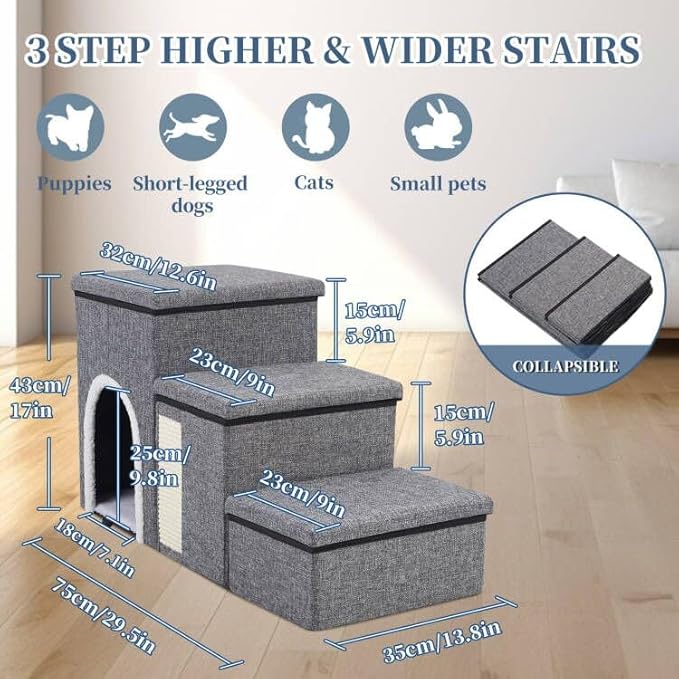 Dog Stairs for High Bed and Couch, 4 IN 1 Foldable Pet Stairs for Cats &amp; Small and Medium Dogs, Adjustable Dog Steps with Pet Climbing Ladders/Cozy Condo/Storage Boxes/Cat Scratcher, Hold Up to 180LBS