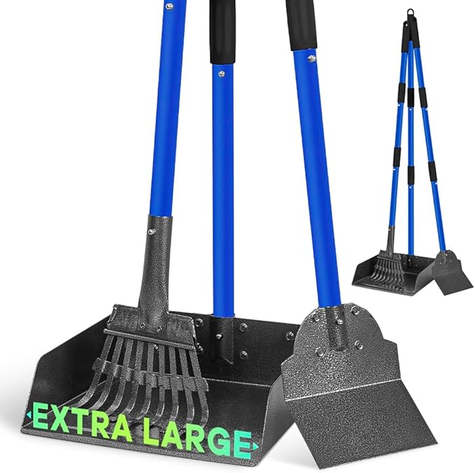 Larger Pooper Scooper Dog Pooper Scooper for Large Medium Small Dogs Heavy Duty Stainless Steel No Bending with Rake &amp; Shovel &amp; Extra Large Tray for Yard