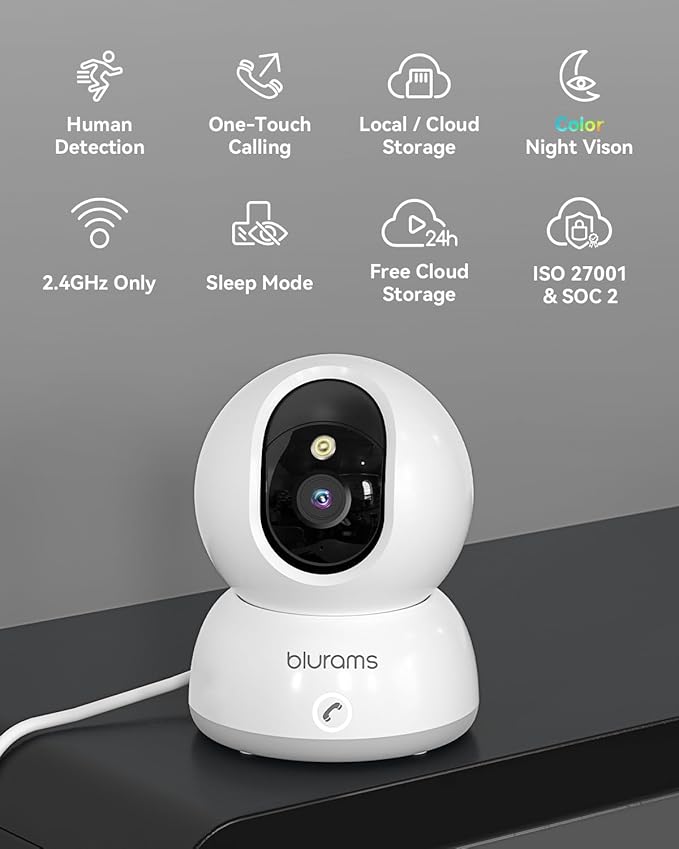 blurams 2K Pet Camera, Cameras for Home Security with One-Touch Call, Indoor Camera w/Color Night Vision, Motion Tracking, Cloud &amp; SD Card Storage (2Pack)