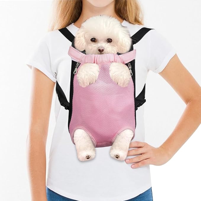 FEimaX Dog Carrier Backpack Pet Legs Out Front Cat Travel Bag, Adjustable Puppy Backpacks Carriers Hands-Free for Small Medium Dogs Cats Hiking Traveling Camping Daily Walking (Medium, Pink)