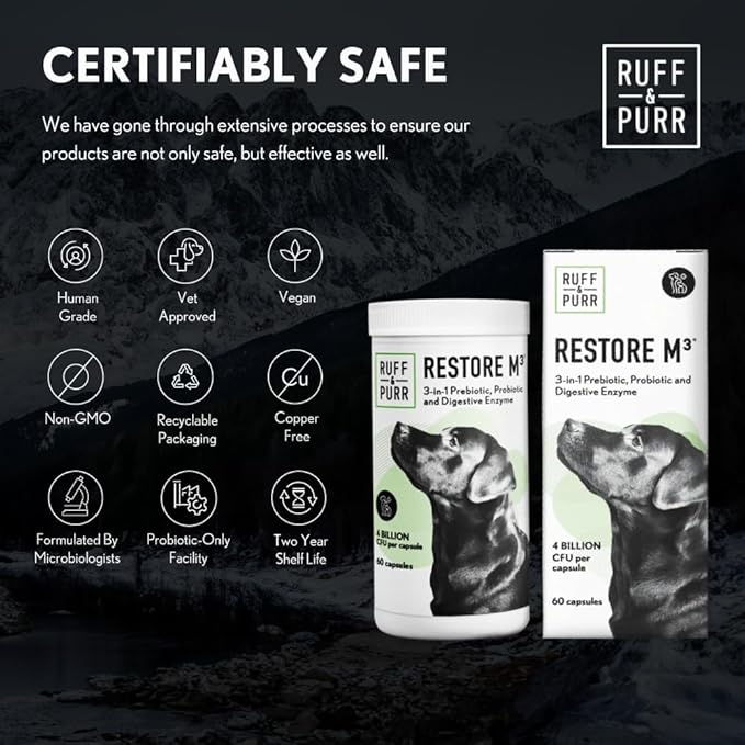 Ruff &amp; Purr Probiotics for Dogs – 3-in-1 Probiotics, Prebiotics and Digestive Enzymes for Gut Health, Immune Support, Healthy Skin and Coat – Clinically Studied DE111 &amp; PreforPro
