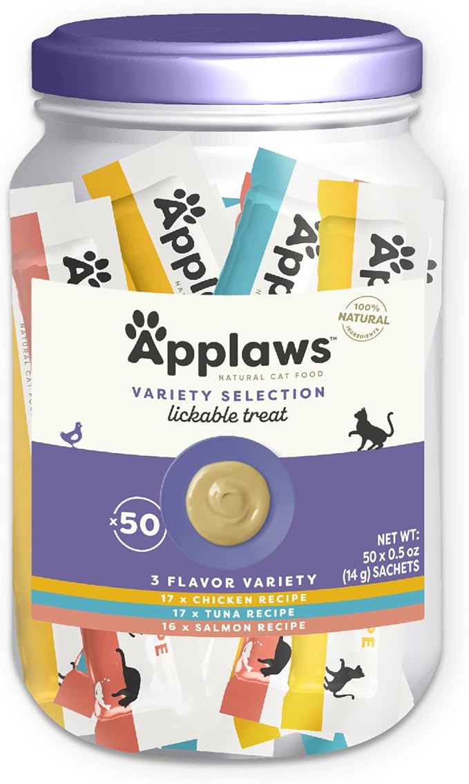 Applaws Lickable Cat Treats, Natural Grain-Free Purée, Limited Ingredient Variety Pack with Chicken, Tuna &amp; Salmon Squeeze Up Treats (50 x 0.5oz Sachet Tub)
