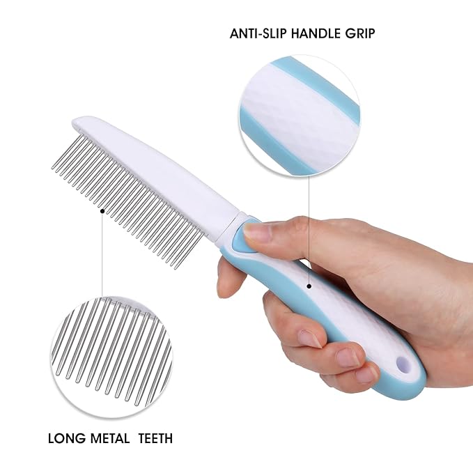 Professional Stainless Steel Grooming Comb for Dogs &amp; Cats - Detangler for Long/Curly Hair, Removes Tough Mats, Knots &amp; Tangles - Pain-Free Undercoat Deshedding Tool for DIY Pet Grooming