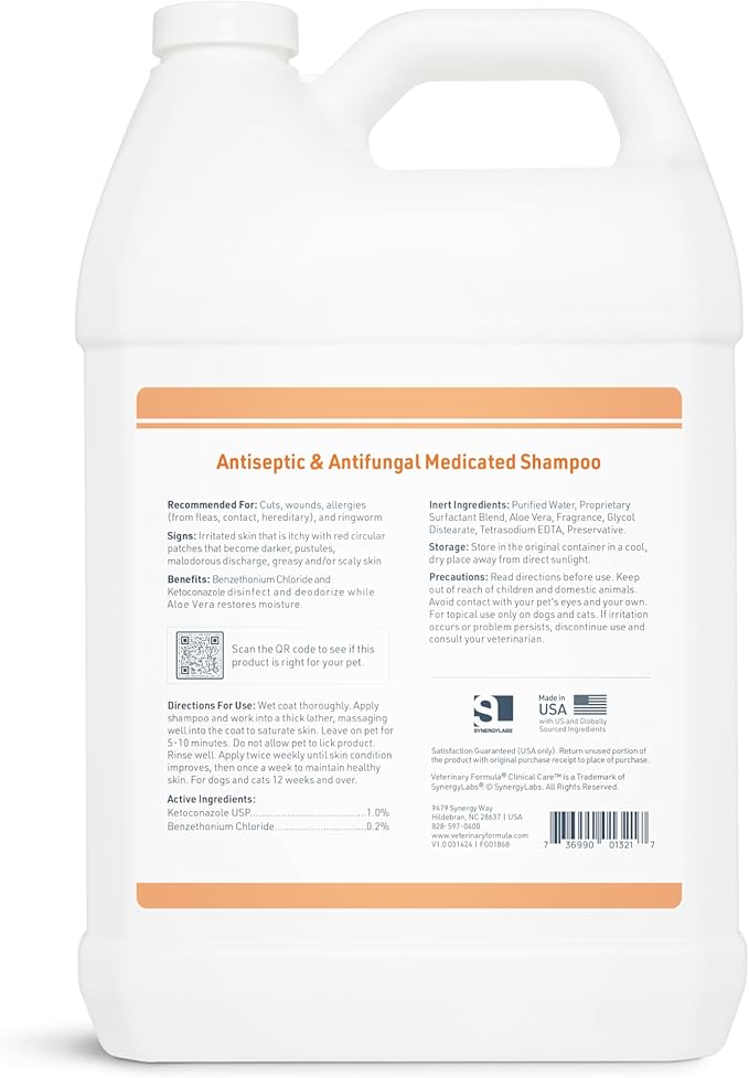 Veterinary Formula Clinical Care Antiseptic and Antifungal Medicated Shampoo for Dogs &amp; Cats, 128 Fl Oz – Helps Alleviate Scaly, Greasy, red Skin – Paraben, Dye, Soap-Free (1 Pack)