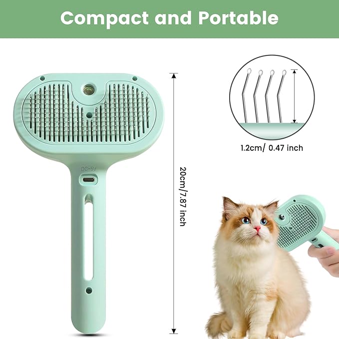3 in 1 Cat Steam Brush, Pet Spray Hair Removal Comb for Shedding &amp; Grooming, Water Brush for Cats Dogs Small Animals Long Short Haired with One-Click Release Button(Green)