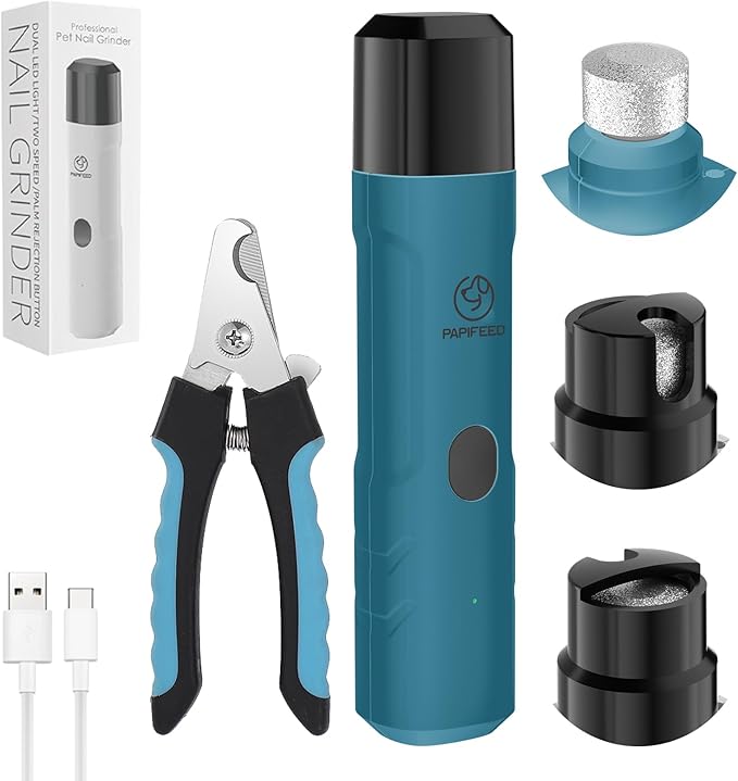 PIPAFFEED Dog Nail Grinder Upgraded with with Dog Nail Trimmers,2 LED Lights, 3-Speed Rechargeable &amp; Quiet - Upgraded Electric Pet Nail Trimmer, Painless Paws Grooming Tool-Bule