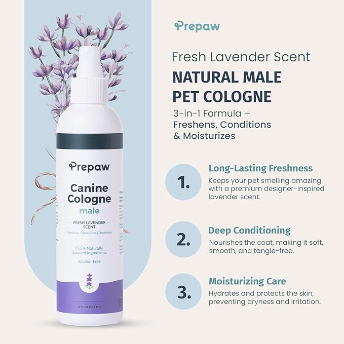 Luxury Male Pet Cologne - Fresh Lavender Scent, 3-in-1 Formula Conditions &amp; Moisturizes, Made with 94% Natural Ingredients, Long Lasting Fragrance, Safe &amp; Easy to Use | 8 fl oz