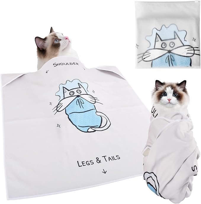 Cat Grooming Wrap: Premium Cat Wrap for Cutting Nails 2025 Thicker Upgraded, Self-Adherent Texture Hand Pocket Designed for Anti-Bite/Scratch, Eco-Friendly Dyed Funny Instruction &amp; Pattern (Size L)
