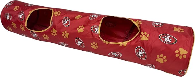 NFL San Francisco 49ers Cat Tunnel Tube Toy with Plush Football Catnip and Feathers Collapsible Tunnel for Cats to Play, Peek and Hide, Sporty &amp; Fun Cat Tunnel Toy with Team Logo All-Over Design!