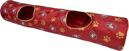 NFL San Francisco 49ers Cat Tunnel Tube Toy with Plush Football Catnip and Feathers Collapsible Tunnel for Cats to Play, Peek and Hide, Sporty &amp; Fun Cat Tunnel Toy with Team Logo All-Over Design!