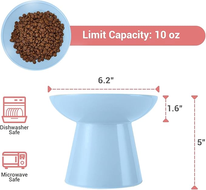 Extra Wide Elevated Ceramic Cat Food Bowl - 6.2" Shallow Dish for Whisker Fatigue Relief, 5" Height for Easy Feeding, Lead &amp; Cadmium Free, Durable Raised Cat Food Bowls, Blue