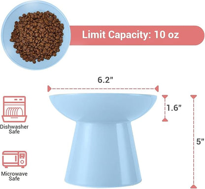 Extra Wide Elevated Ceramic Cat Food Bowl - 6.2" Shallow Dish for Whisker Fatigue Relief, 5" Height for Easy Feeding, Lead &amp; Cadmium Free, Durable Raised Cat Food Bowls, Blue