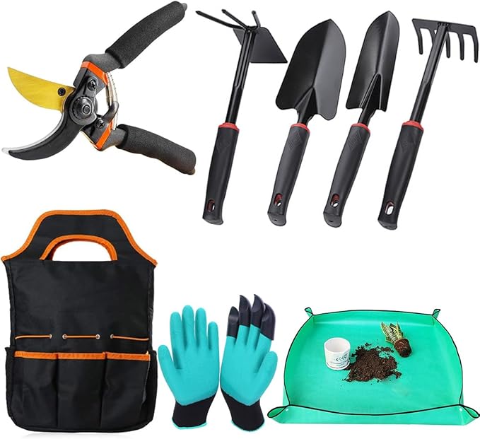 Premium 8-Piece Garden Tools Set – Heavy Duty Carbon Steel with Rust-Proof Coating, Ergonomic Handles, SK-5 Pruning Shears, Waterproof Repotting Mat &amp; Storage Tote Bag – Ideal Gift for Gardeners