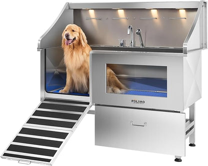 polimo Dog Washing Station, LED Professional Stainless Steel Dog Bathing Station 61", Dog Grooming Tub for Large, Medium &amp; Small Dog - with Window, Ramp, Drawer, Floor Grate &amp; Faucet (Left RAMP, 61")