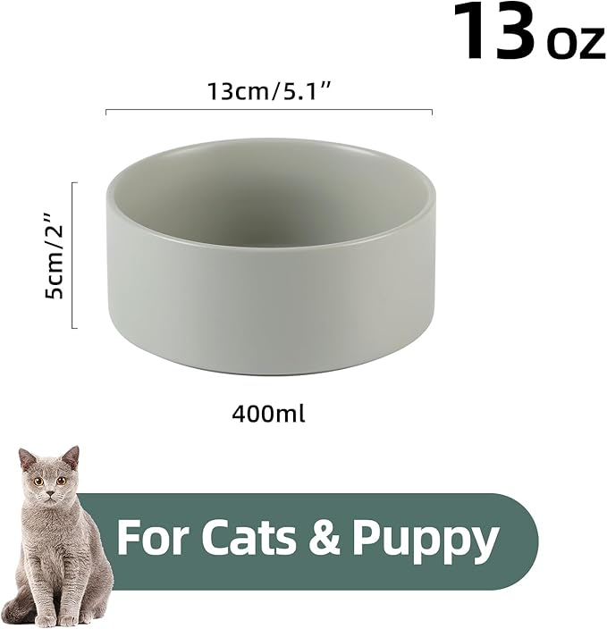 Ceramic 5.1inch Set of 2 Dog and Cat Bowls, Food and Water Feeder for Small Breed Dogs, Kitty, Cats, 2pcs Dog &amp; Cat Dishes(2 Bowls, Grey)