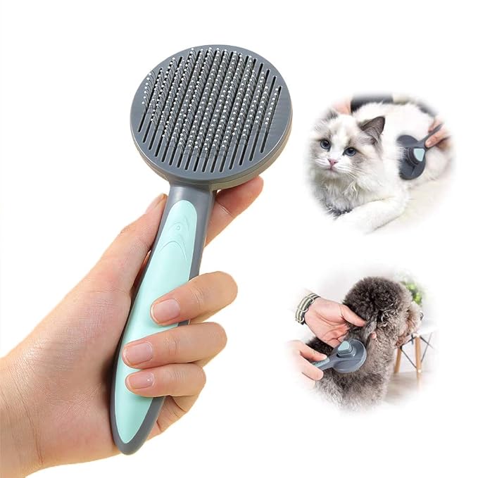 PAKEWAY Cat &amp; Dog Grooming Brush - Self Cleaning, Release Button, Kitten &amp; Pet Brush for Short, Medium &amp; Long Hair (Green)