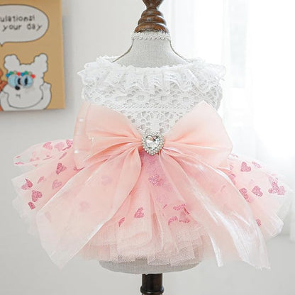 Dog Princess Dress with Heart Patterns &amp; Bow Puppy Clothes for Small Dogs Girl Fancy Cat Birthday Outfit Pet Wedding Dresses(Pink White, Large)