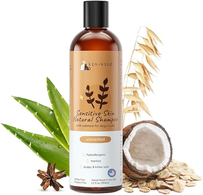 Oatmeal Shampoo for Dogs and Cats by kin+kind - Cat &amp; Dog Shampoo for Sensitive Skin with Colloidal Oatmeal - Safe, Natural Formula with Olive Oil and Coconut Oil (12 fl oz) - Made in USA