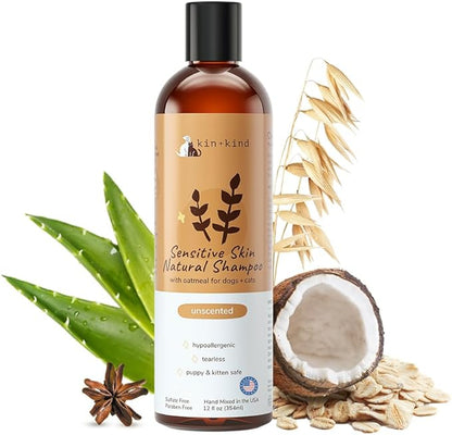 Oatmeal Shampoo for Dogs and Cats by kin+kind - Cat &amp; Dog Shampoo for Sensitive Skin with Colloidal Oatmeal - Safe, Natural Formula with Olive Oil and Coconut Oil (12 fl oz) - Made in USA