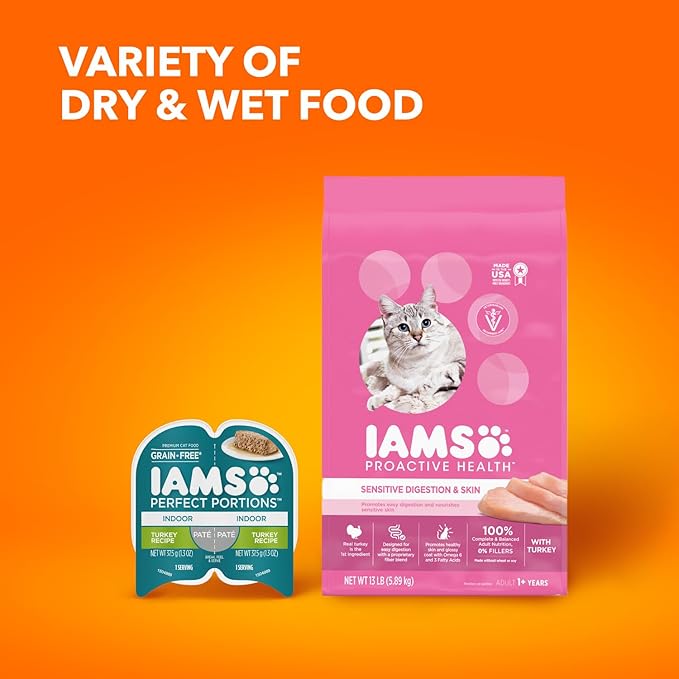Iams IAMS PROACTIVE HEALTH Adult Sensitive Digestion &amp; Skin Dry Cat Food with Real Turkey Cat Kibble, 3 lb. Bag