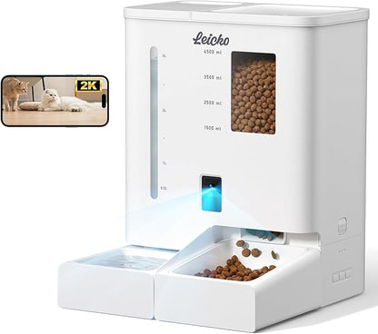 Automatic Cat Feeder with Camera,5G/2.4G WiFi Pet Feeder,2K HD Video and Night Vision,Easy APP Operation,Low Food and Food Clogging APP Tips,Water and Grain Large Capacity Feeder