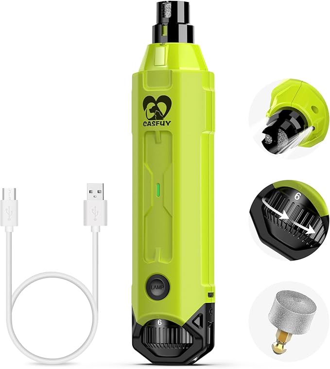 Casfuy 6-Speed Dog Nail Grinder - Newest Enhanced Pet Nail Grinder Super Quiet Rechargeable Electric Dog Nail Trimmer Painless Paws Grooming &amp; Smoothing Tool for Large Medium Small Dogs (Green)