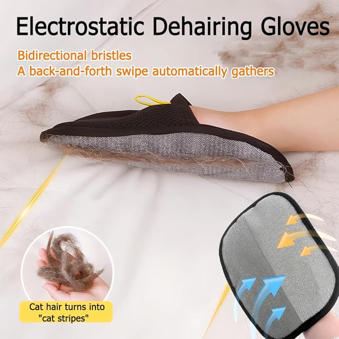 Double-Sided Pet Hair Removal Gloves - Reusable Static Removal Grooming Gloves for Dogs &amp; Cats, Efficient Fur Removal Tool for Furniture, Carpet, Car Seats, Sofa, Bedding &amp; Clothes (1 Pack)