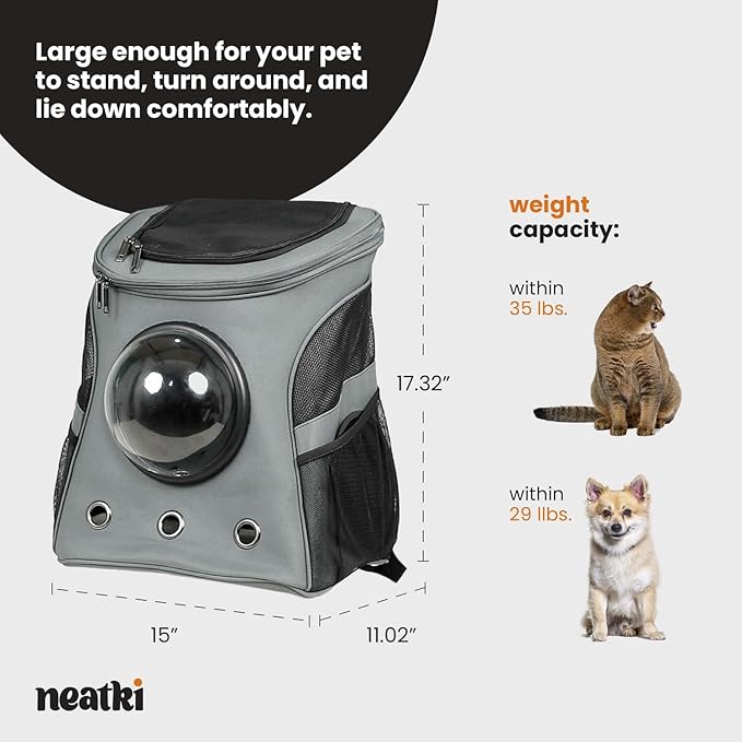 Cat Backpack Carrier, Airline Approved, Space Capsule Bubble Design, Ideal for Cats &amp; Dogs up to 28-35 lbs, with Strong Straps, Safety Zippers, Mesh, Comfortable for Hiking &amp; Travel (Grey)