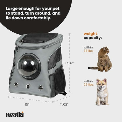 Cat Backpack Carrier, Airline Approved, Space Capsule Bubble Design, Ideal for Cats &amp; Dogs up to 28-35 lbs, with Strong Straps, Safety Zippers, Mesh, Comfortable for Hiking &amp; Travel (Grey)