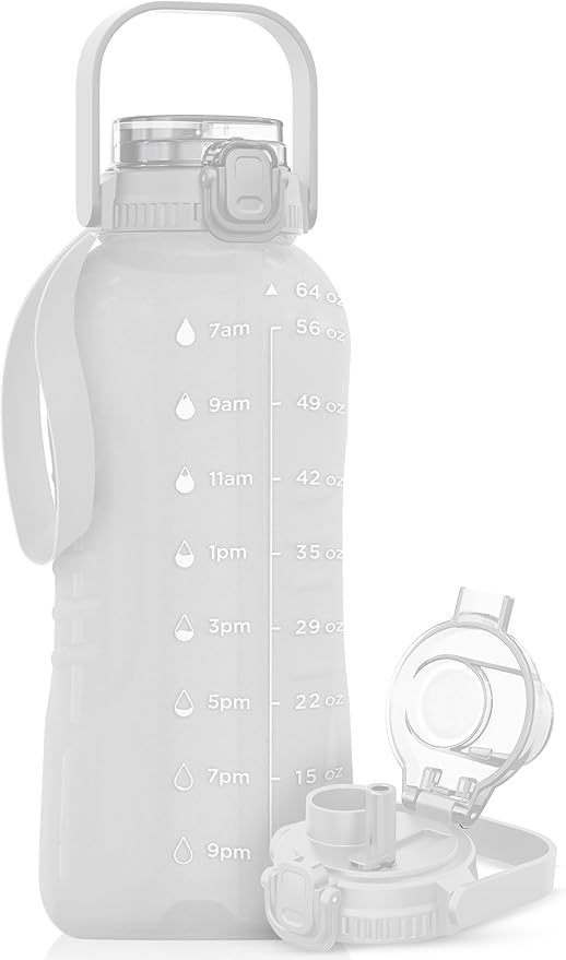 AQUAFIT 64 oz Water Bottle with Time Marker - 2in1 Straw &amp; Chug Lid - BPA Free Big Water Bottle with Straw - Gym Water Bottle with Strap - Water Jug (64 Ounces, Frosty)