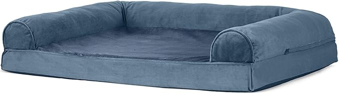 Furhaven Cooling Gel Dog Bed for Large/Medium Dogs w/ Removable Bolsters &amp; Washable Cover, For Dogs Up to 55 lbs - Faux Fur &amp; Velvet Sofa - Harbor Blue, Large